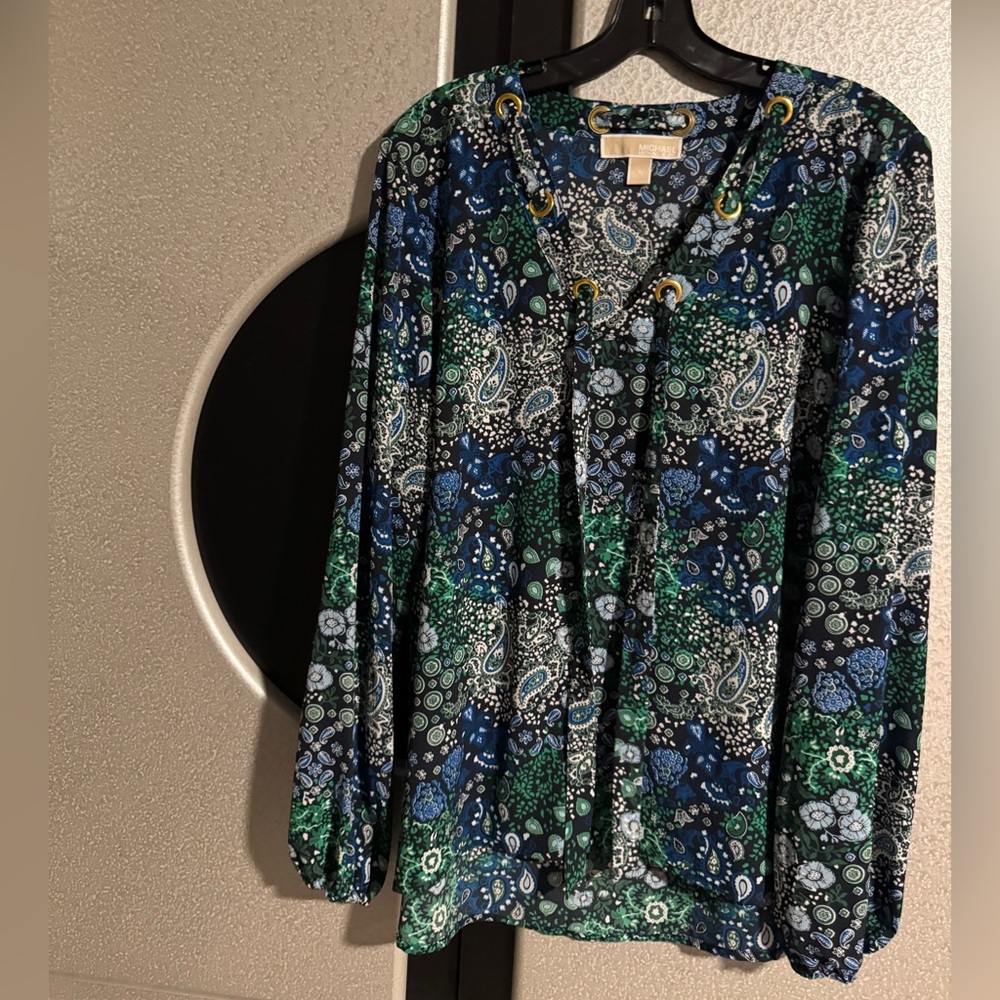 MICHAEL Michael Kors Paisley Grommet Blouse Size XL shirt top blue green